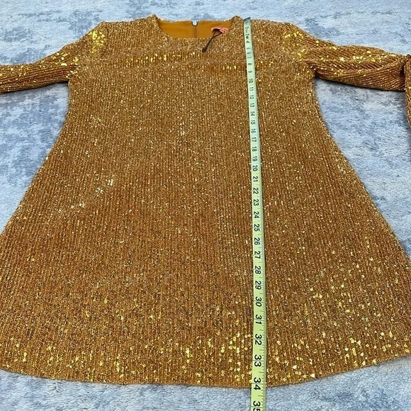 New Stine Goya Odis Mini Shift Dress Gold Sequin Sparkle Long Sleeve Sz S